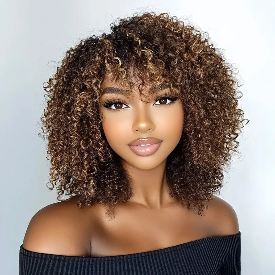 Brown Curly Bob Wigs Human Hair Wigs Afro Curly Wigs With Bangs Glueless Wear Go Jerry Curly Bob Wigs Brazilian Human Hair Wigs