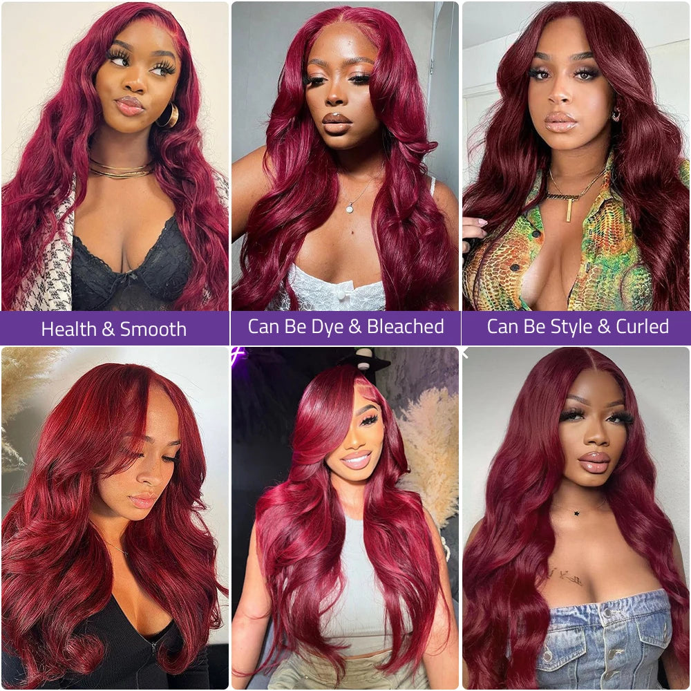 40 Inch 99J Burgundy 13x4 HD Lace Front Wig Body Wave 13x6 HD Lace Front Wigs Pre Plucked Red Colored Wigs For Women 200 Density