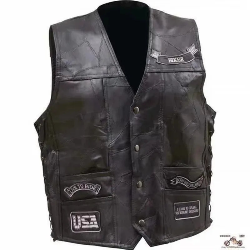 Style Harley Motorcycle Riding Men's Vest Shoulder PU Leather Dark Series Embroidered Badge Designb;4.f'7;j,3'