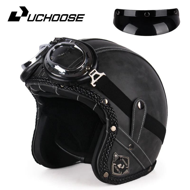 UCHOOSE Retro Motorcycle Helmet PU Leather Open Face 3/4 Chopper Bicycle Helmets Classic Casco Moto Vintage