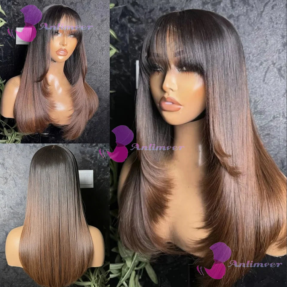 Silky Straight Human Hair With Bangs Ombre Dark Brown Brazilian Pre Plucked Finger 5x5 Silk Top Closure Wigs 13x6/360 Lace Wigs