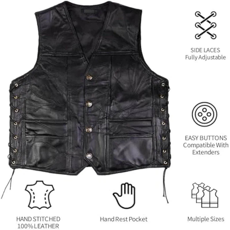 Classic Motorcycle Harley wind Leather Vest Men Tank Top Genuine Sheepskin Riding Vest Black Clean Version Tied Rope Snowmobile