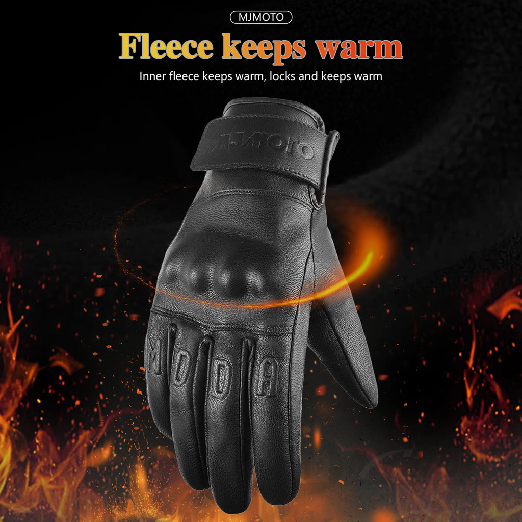 Retro Winter Motorcycle Leather Gloves with Certified Lined with Fleece for Warmth Protective Anti-fall Touch Motocross Gloves