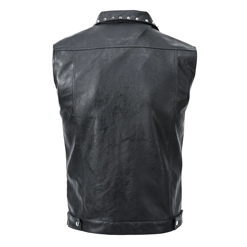 Men's Punk Style Leather Biker Waistcoat With Rivets Fashion High Streetwear Motorcycle Rider Vests PU Sleeveless Jacket
