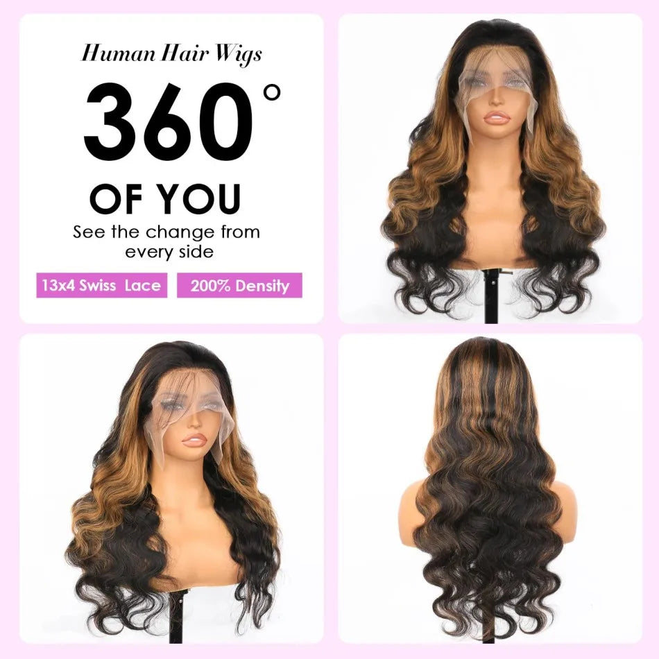 Highlight Ombre Lace Front Wigs Human Hair Body Wave Lace Front Pre Plucked 13x6 1B/30 Brown Highlight Wig 220 Density For Women