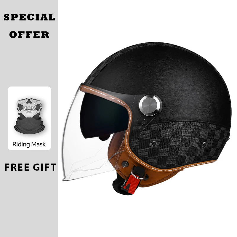 Black Leather Open Face Motorcycle Helmets Men Women Vintage Jet Moto Helmet DOT Retro 3/4 Half Helmet Pedal Personality Scooter
