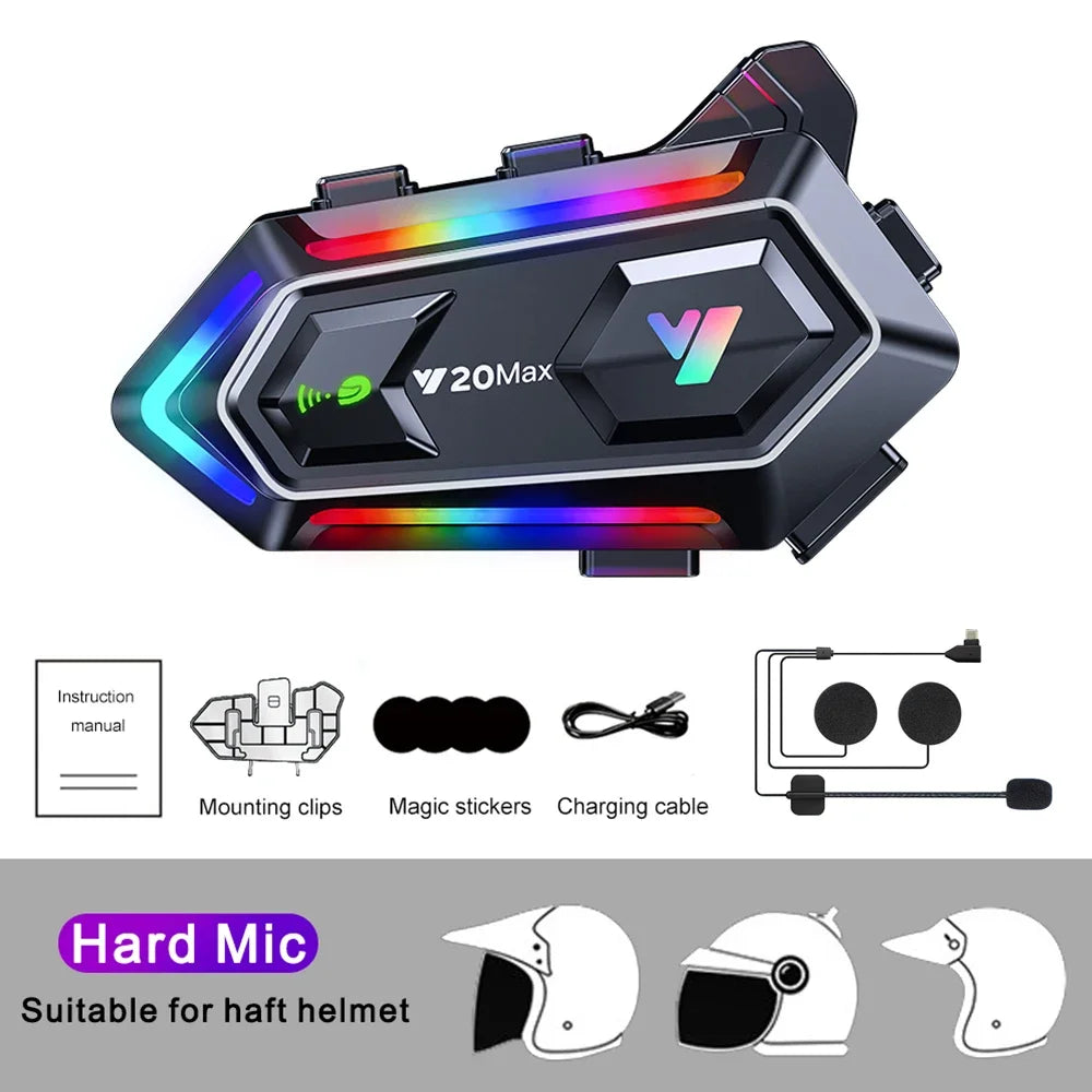 Y20 MAX Motorcycle Helmet Intercom V5.3 Hands Free Call Kit 1000mAh For 2 Rider Intercomunicador Moto Interphone Music Player