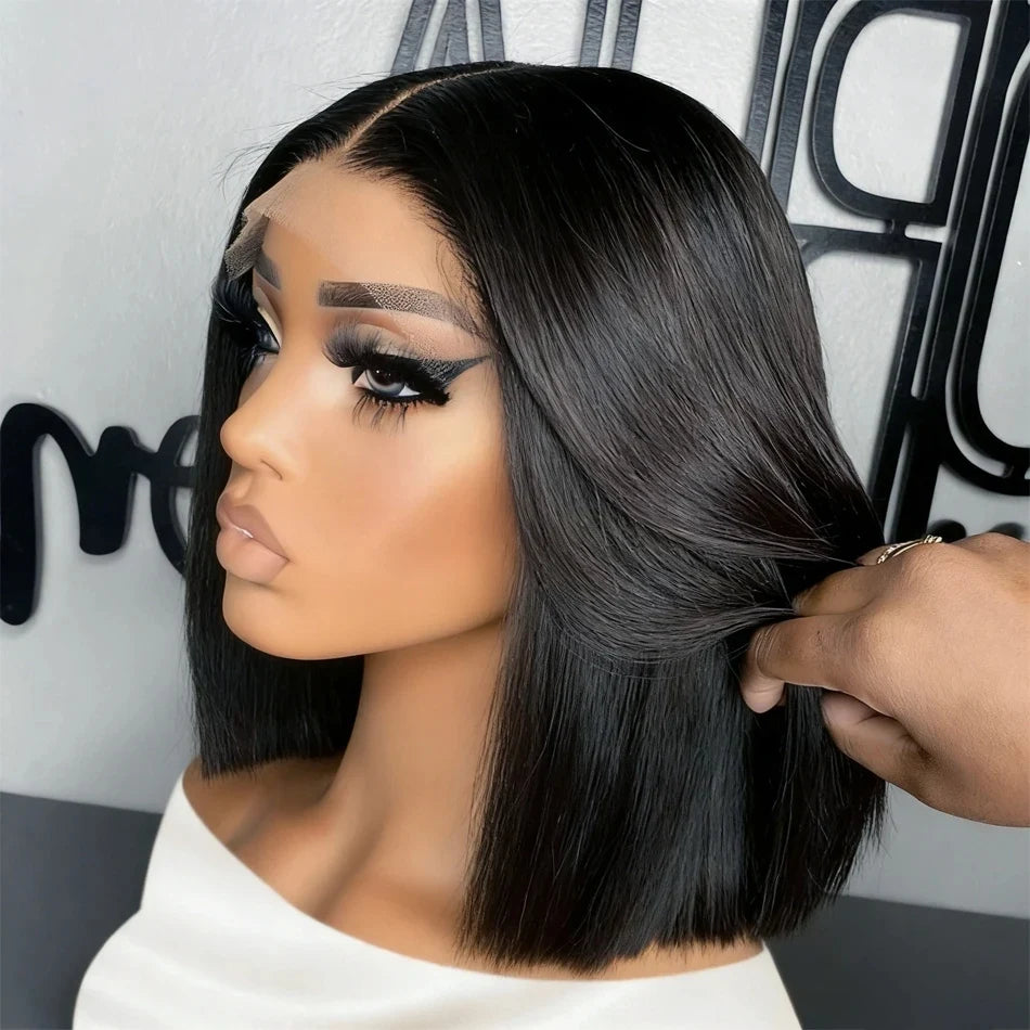Straight Short Bob Wig Human Hair 13x4 Transparent Lace Front Wigs 200 Density Natural Black Bone Straight Short Human Hair Wigs