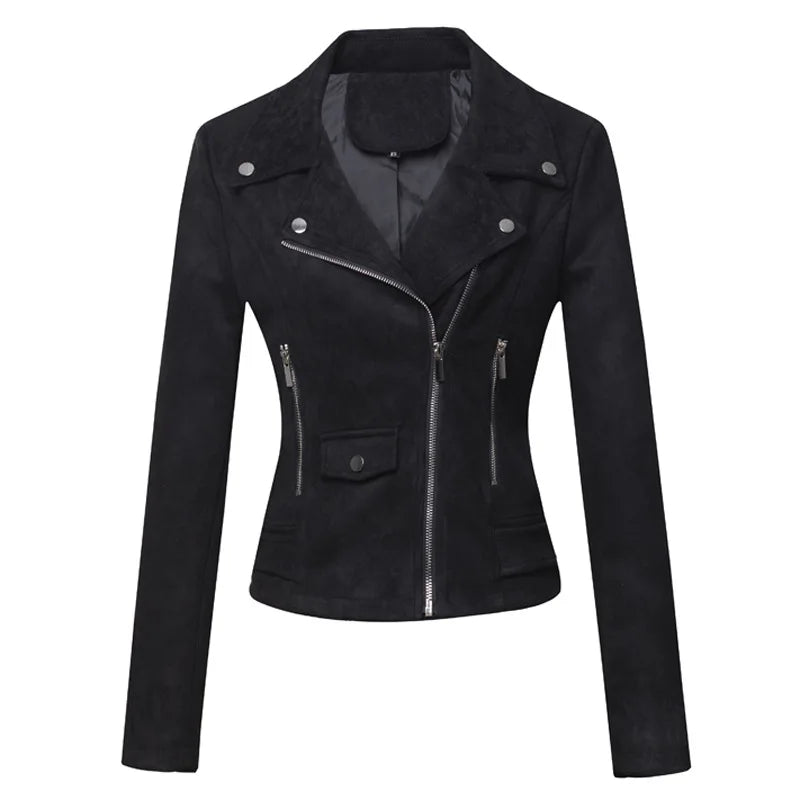 Women Vintage Suede Biker Jacket Slim Fit Short Motorcycle Coat Fashion Ladies Faux Leather Moto Jacket For Casual Ridin