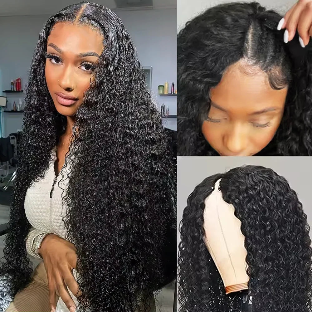 200 Density Long Curly Brazilian Hair Wig For Women 16-32 Inch V Part Wig Human Hair Natural Black Curly V Shape Wig Hair Wigs