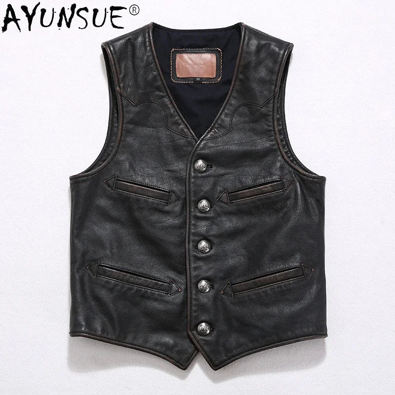 AYUNSUE Men Jacket 2020 Men's Clothing 5XL 6XL Real Cow Leather Vest Male Retro Motorcycle Buffalo Man Vests Hommes Veste LXR370