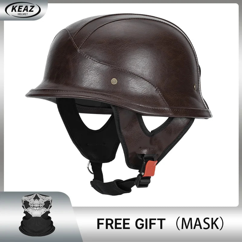 German Half Helmet Premium Vintage Open Face Motorcycle Helmet Genuine Cowhide Leather Cover DOT Certified Classic Retro Design
