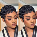 Women's Human Hair Pixie Cut Wig full machine made - Short Layered Curly with Bangs, Natural Black 250% Density