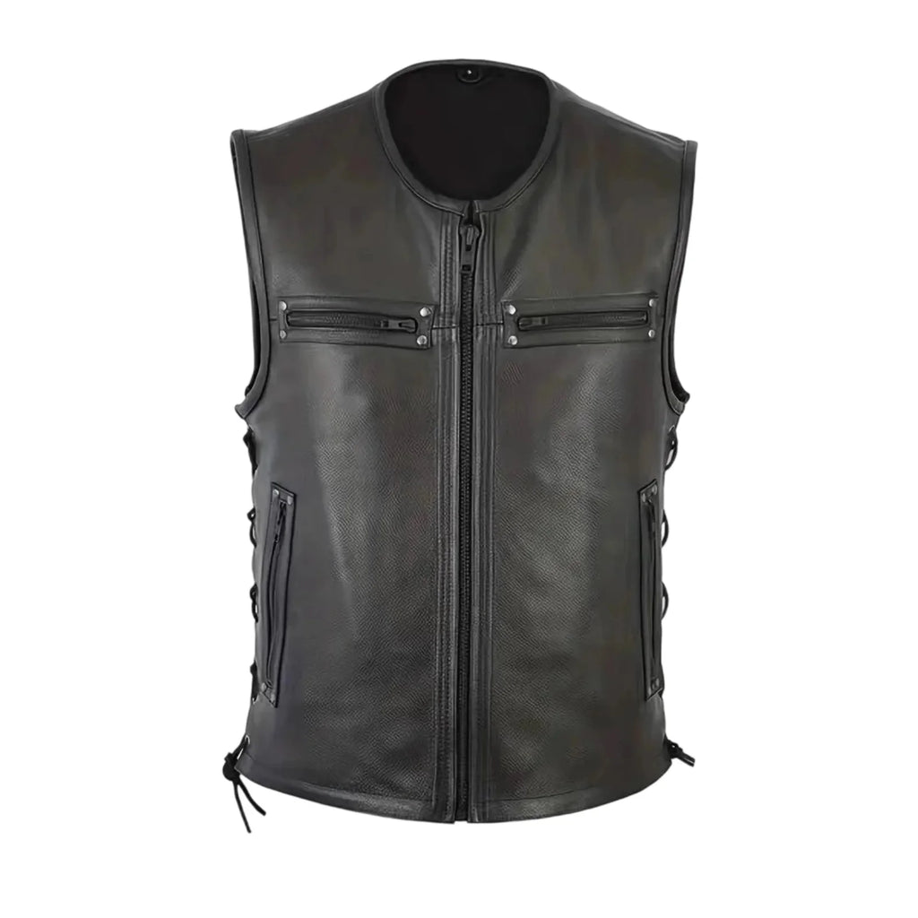 Men's Motorcycle Vests with Pockets Fashionable Leather Solid Color Zipper Up Sleeveless Jacket