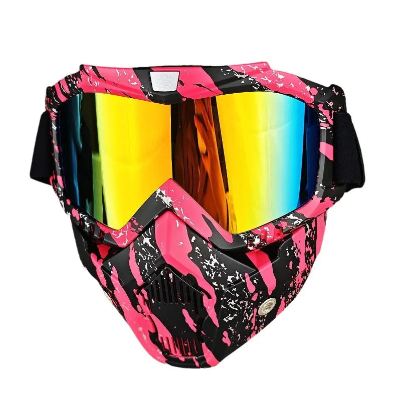 Motorcycle Glasses Riding Glases with Removable Face Mask, Removable Anti-fog Glasses, Mouth Filter, Adjustable Anti-slip Strap
