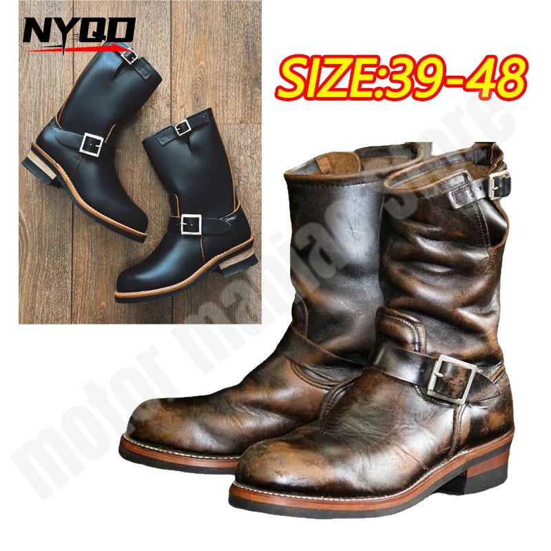 Men Retro Motorcycle Riding Boots Round Middle Boots Flat Bottomed Boots Men Trendy PU Leather Shoes Botas Para Moto Hombre