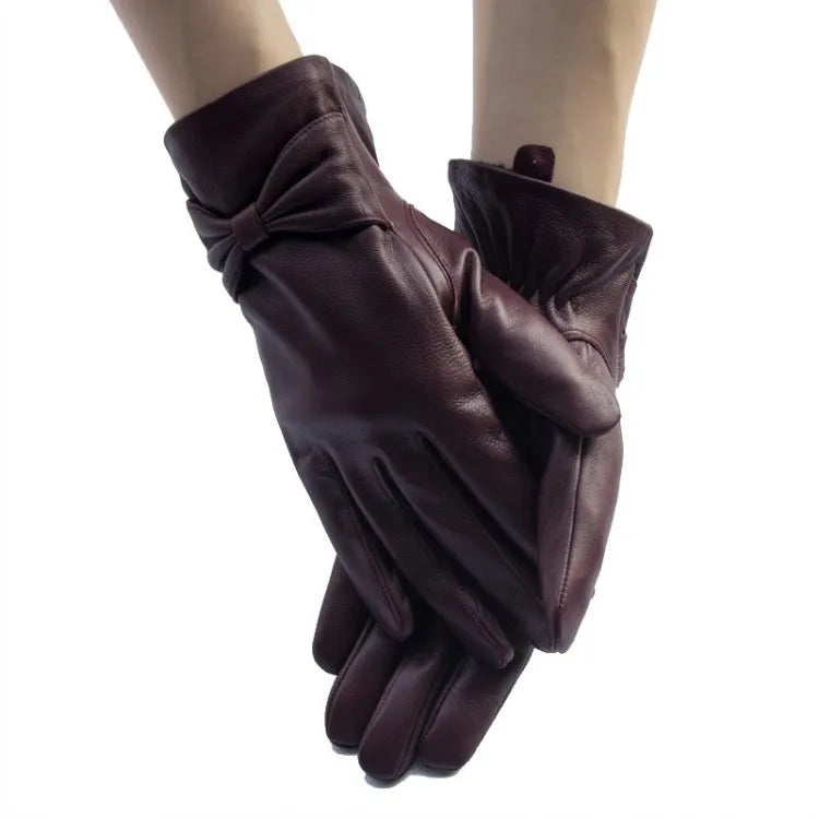 New Women Bowknot Real Sheepskin Gloves Winter Warm Fleece Lining Genuine Leather Driving Mittens Moto Biker Riding Gloves