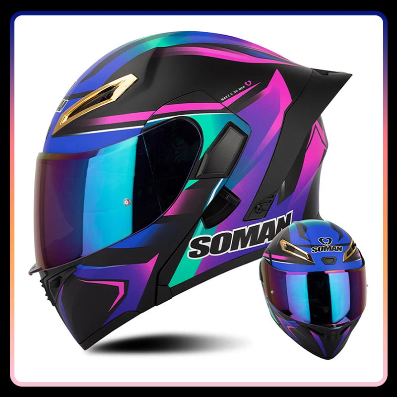 Men Women Motorcycle Helmets Full Face Helmet Colorful Dual Lens Flip Up Helmet DOT Approved Purple Modular Helm Casco Para Moto