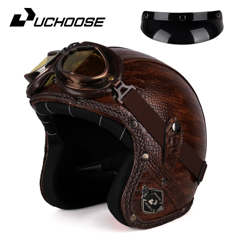 UCHOOSE Retro Motorcycle Helmet PU Leather Open Face 3/4 Chopper Bicycle Helmets Classic Casco Moto Vintage