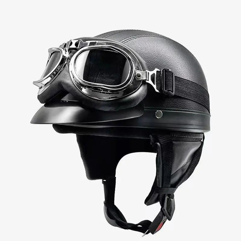 Retro Leather Motorcycle Helmets For Men Women Vintage Moto Half Helmet With Goggles Four Seasons Riding Scooter Capacetes