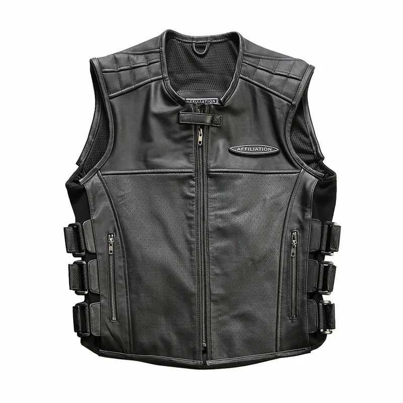 High Quality New Men's Sleeveless Jacket Motorcycle Riding Adjustable Waist Genuine Leather Vest Cowhide Waistcoats