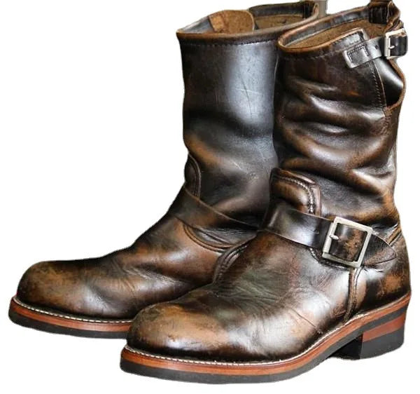 Men Retro Motorcycle Riding Boots Round Middle Boots Flat Bottomed Boots Men Trendy PU Leather Shoes Botas Para Moto Hombre