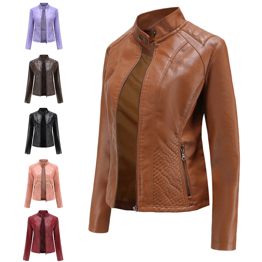 Women's Long Sleeved Zipper Motorcycle Jacket, Casual Leather Jacket, Simple and Trendy Clothing, Autumn and Winter popular