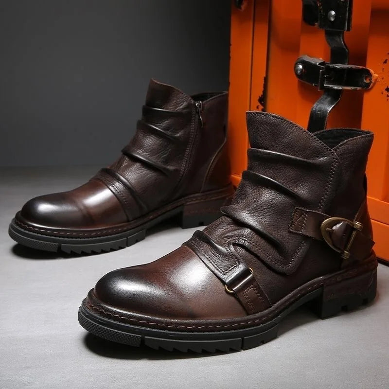HOT Handmade Motorcycle Riding Shoes Casual Genuine Leather Chelsea Boots for Men Retro Fashion Buckle Zip Short Moto Boots