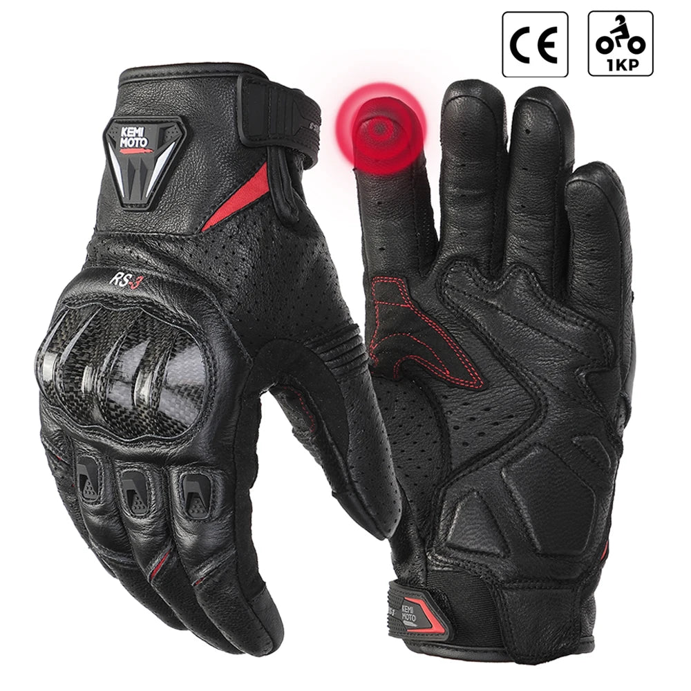 KEMITOUR Leather Motorcycle Gloves CE Men's Retro Moto Gloves Touch Screen Carbon Protective Motorbike Breathable For Summer
