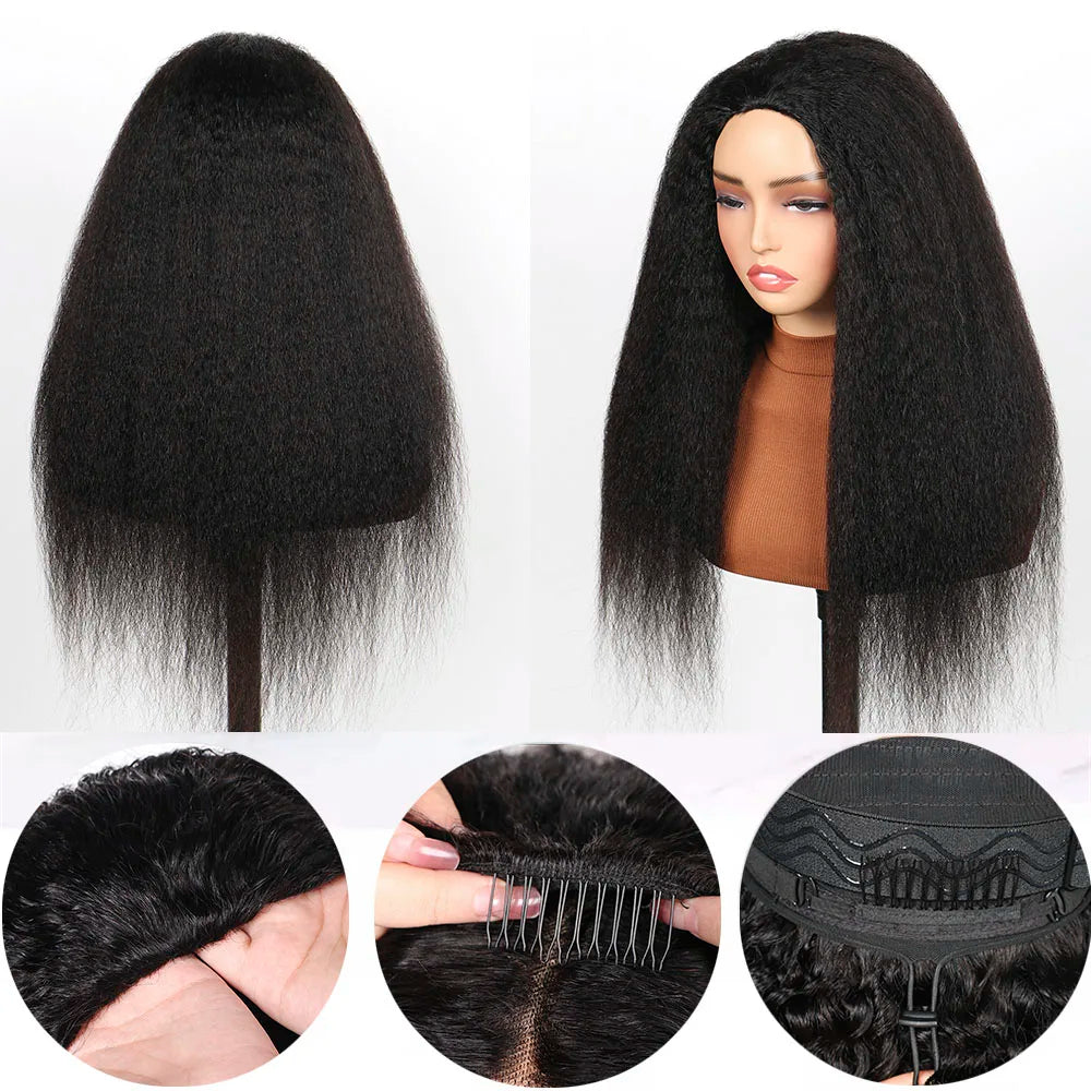 Kinky Curly Human Hair Half Wig Glueless Wig Headband Wig Upgrade 3 IN 1 Half Wig With Drawstring Seamless Clips Wig For Women