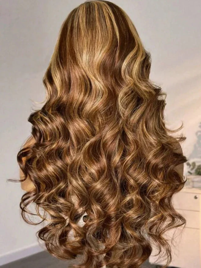 34 Inch13x4 Honey Blonde Ombre Lace Front Wigs Human Hair Pre Plucked 200 Density 4/27 Highlight Colored Body Wave Frontal Wigs
