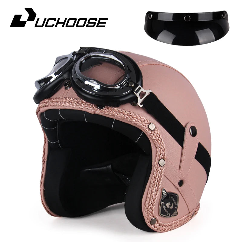 UCHOOSE Retro Motorcycle Helmet PU Leather Open Face 3/4 Chopper Bicycle Helmets Classic Casco Moto Vintage
