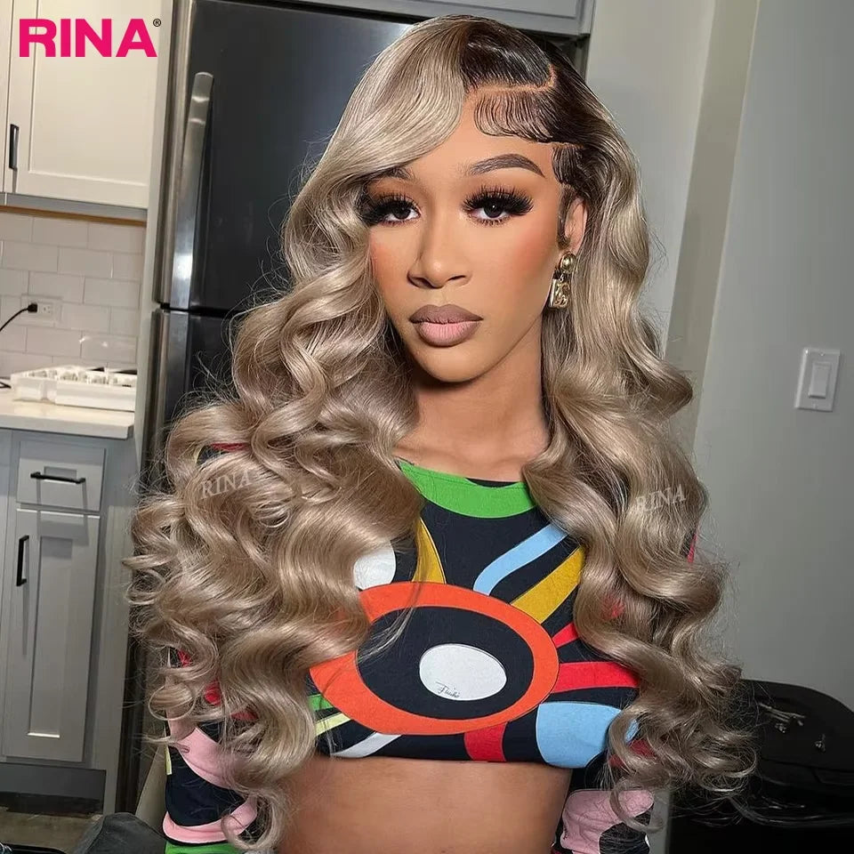 13x6 Ombre Blonde With Root Colored Lace Front Wigs For Women Human Hair Body Wave Ombre Ash Blonde Lace Frontal Wig