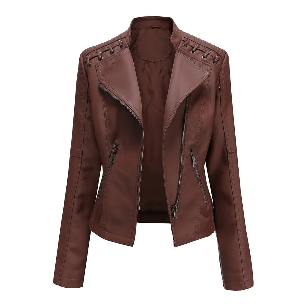 Spring Autumn Women's Clothing Slim Fit PU Leather Jacket For Woman Motorcycle Biker Style Short Coat With Notched Collar