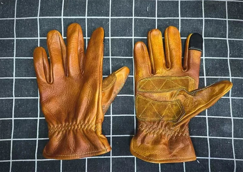 Handmade Genuine Leather Retro Motorcycle Gloves Full Finger Touch Screen Knuckle Protection Racing Riding Motorcycle Gear