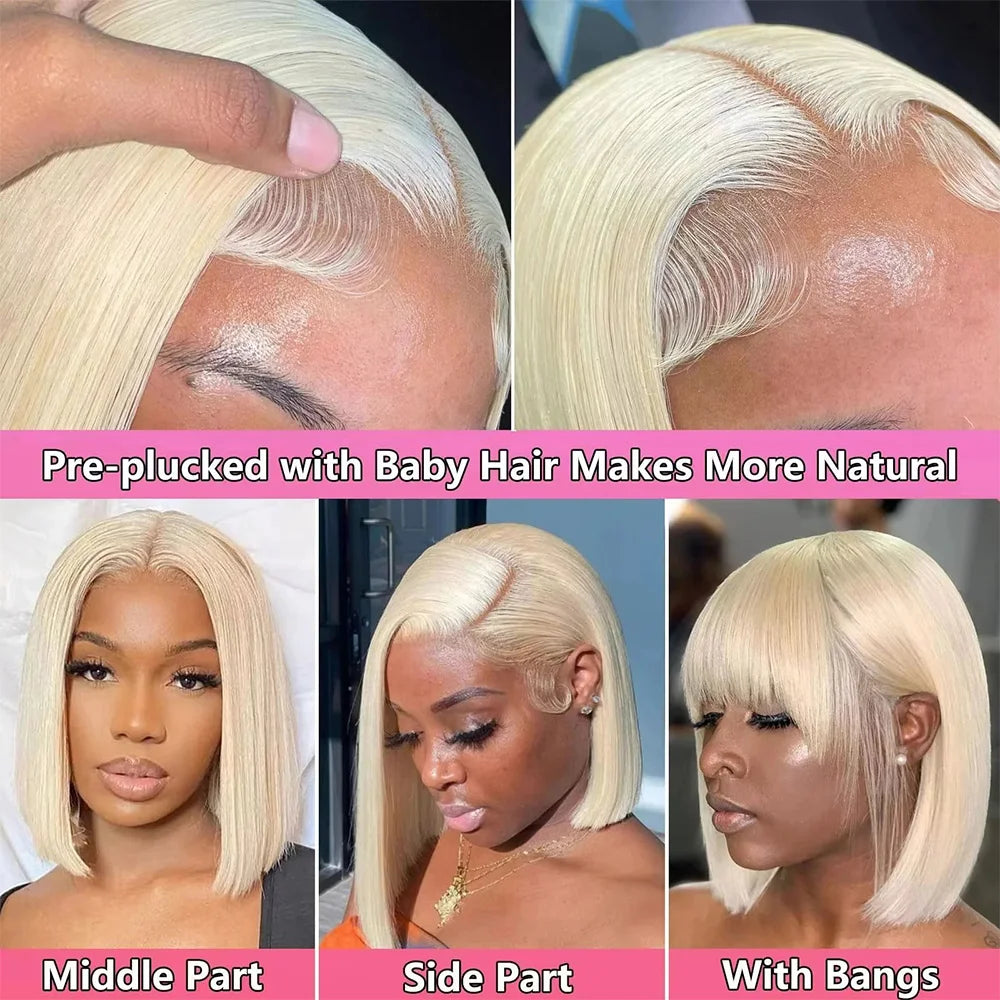 Blonde Straight 613 Short Bob 13x4 HD Lace Frontal Wigs Brazilian Human Hair Glueless Transparent Lace Front Wig 220% Density