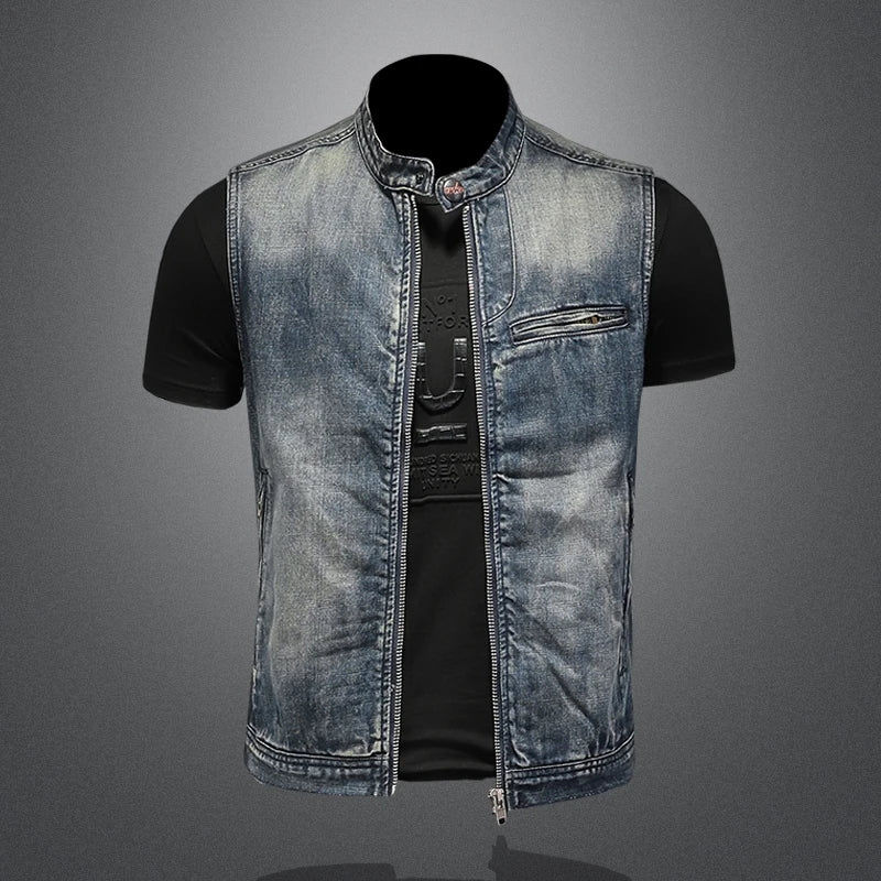Mens Stand Collar Motorcycle Biker Denim Vest Vintage Zipper Cowboy Wasitcoat Men Casual Cotton Sleevless Jean Jacket Coat