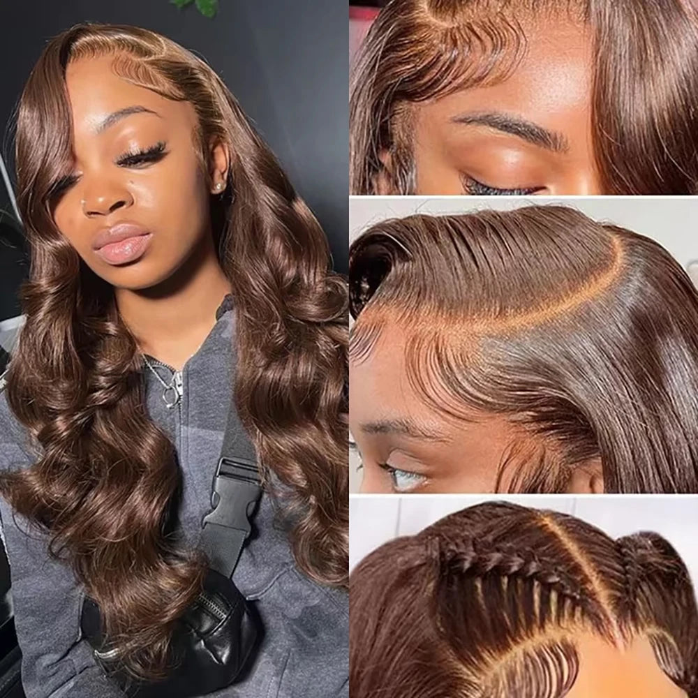 13x6 Chocolate Brown Body Wave Lace Front Wig Transparent Lace Frontal Wig Human Hair Preplucked Colored Human Hair Wigs 200%