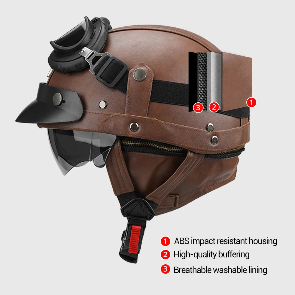 Motorcycle Half Helmet Leather Motorbike Open Face Helmet Vintage Fashion Safety Helmets Anti Fall And SunCap Moto Helmets M-XL