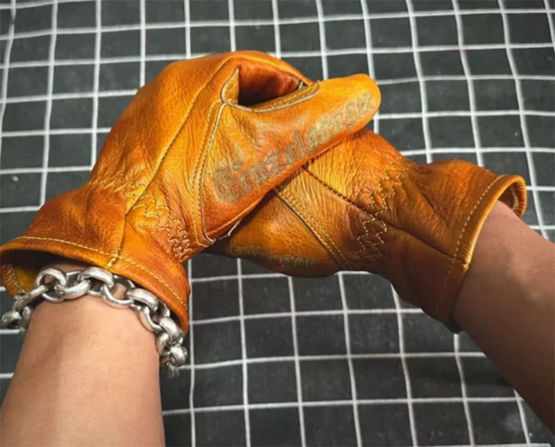 Handmade Genuine Leather Retro Motorcycle Gloves Full Finger Touch Screen Knuckle Protection Racing Riding Motorcycle Gear