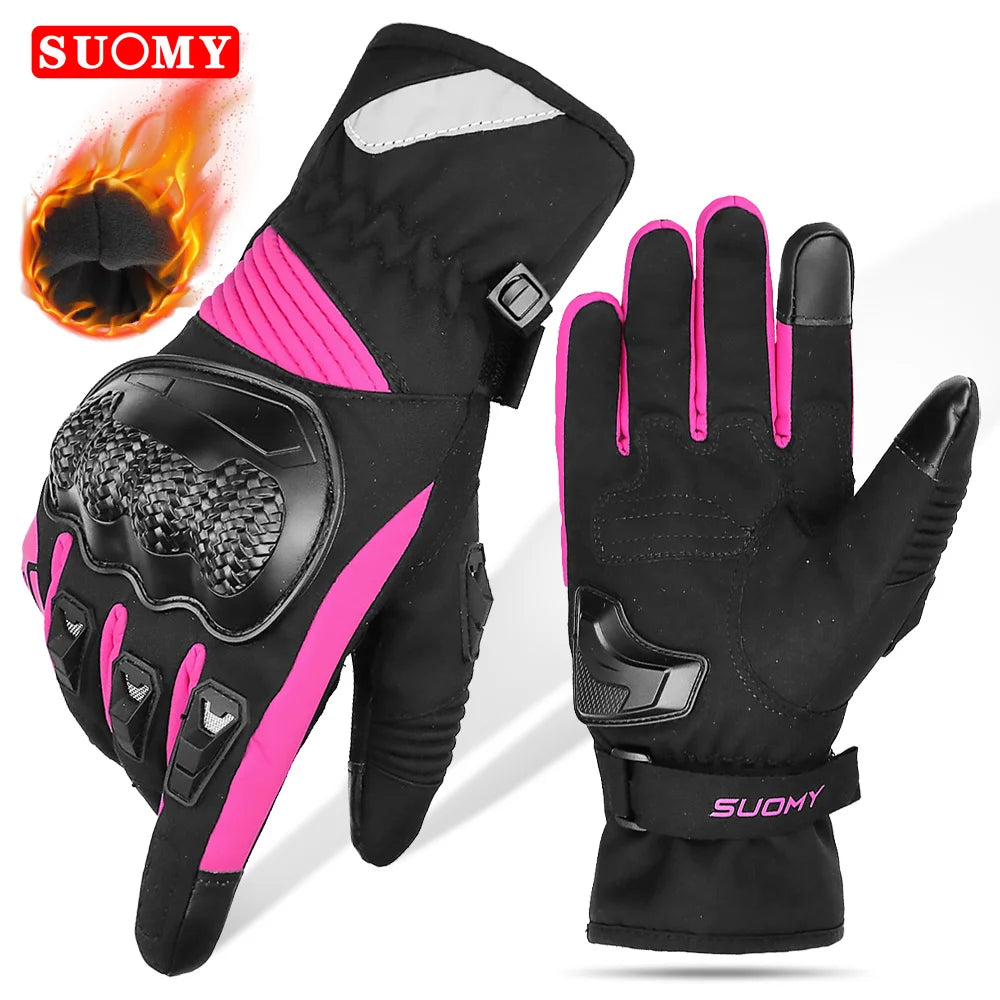 SUOMY Winter Motorcycle Gloves Windproof Waterproof Warm Motorbike Riding Gloves Women Lady Pink Motocross Guantes Touch Screen