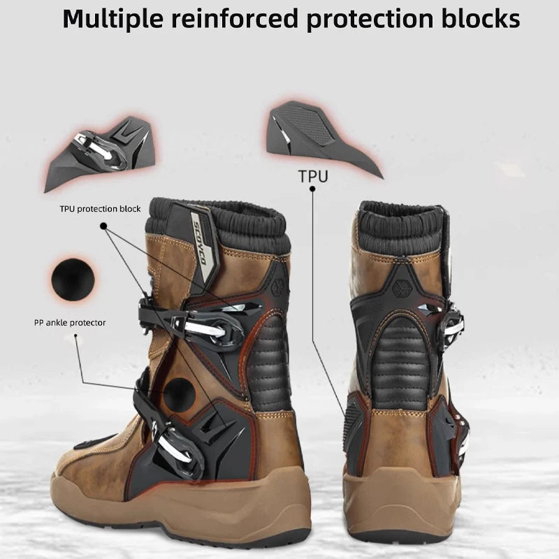 SCOYCO Motorcycle Protective Boots Waterproof Enduro Riding Shoes TPU Leather Anti-slip Motocross Rally High Top Boot botas moto