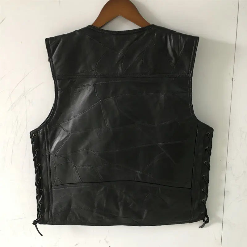 Motorcycle Vest Men's Stitching Sheepskin Leather Waistcoat V-Neck Street Style Cool Motorcycle Jacket Motocross Equipment