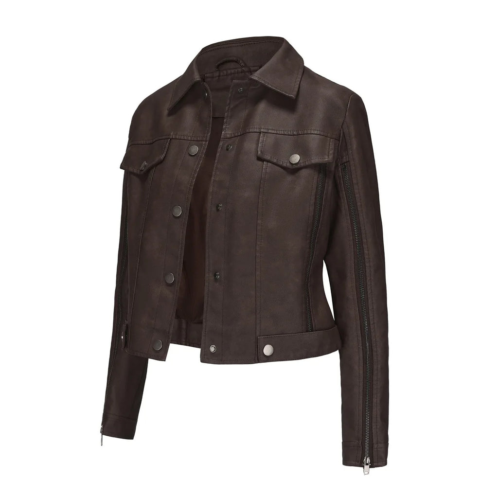 Fashion zipper motorcycle jacket long sleeved cardigan popular jacket spring and autumn thin leather jacket women's clothing