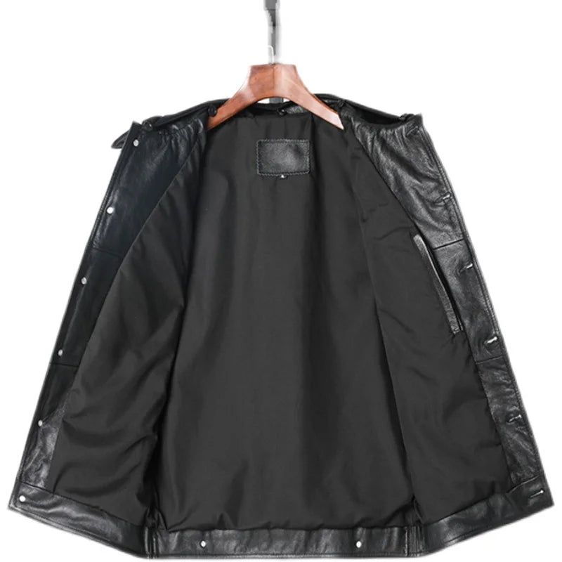 New Men's Genuine Leather Vest with Hood Denim Sle Motorcycle Jaet Youthful Springtime Faion Straight Hemline ort Length