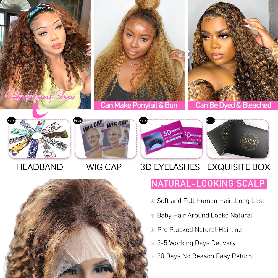 Ombre Deep Wave Frontal Wig 4/27 Highlight Human Hair Wigs Brazilian Deep Wave Lace Wig ISEE HAIR 4X4 Lace Closure Wig For Women
