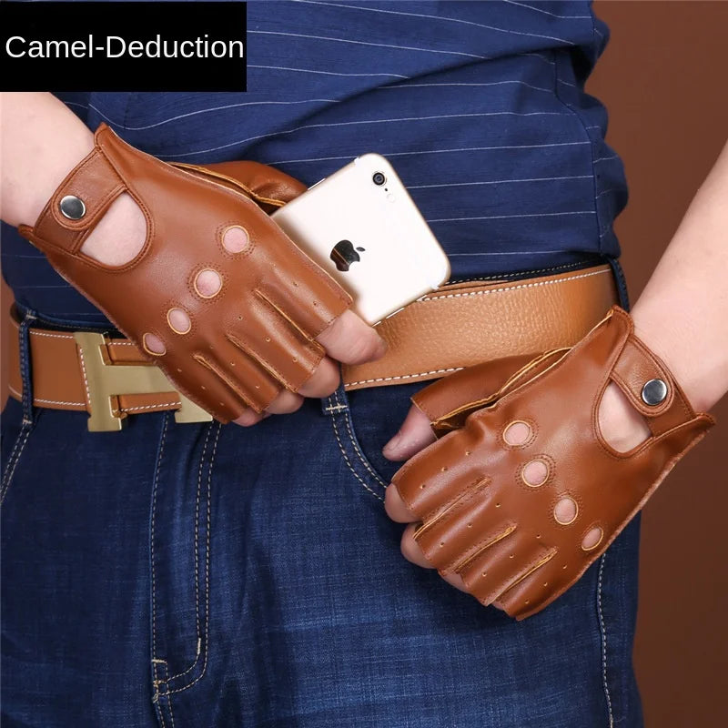 Genuine leather gloves with half finger breathable retro motorcycle wear resistant fitness outdoor motorcycle riding gloves
