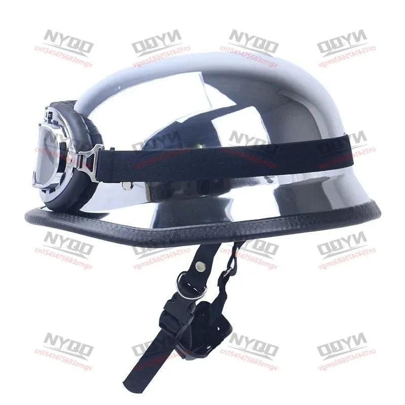 DOT Approved Chrome Silver Mirror German Style Motorcycle Half Helmet Vintage Pilot Helmet for Chopper Biker with Free Goggles