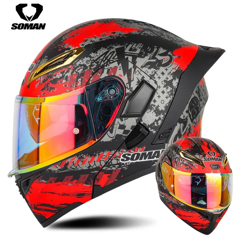 SOMAN Full Face Helmet Dual Lens Flip Up Motorcycle Helmets Casco Accessories Men Women Casque Moto Racing DOT Approved Visor