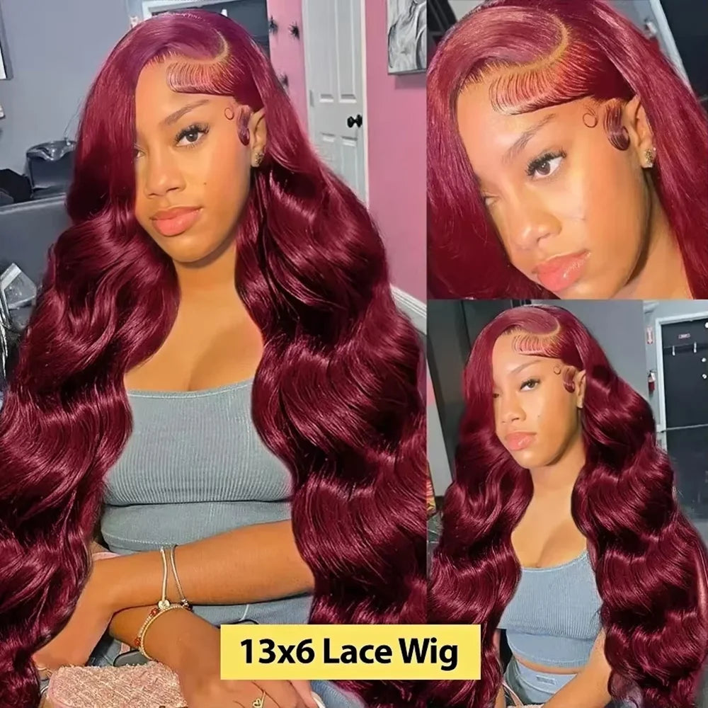 220 Density 99j Burgundy 13x6 HD Lace Frontal Human Hair Wig Body Wave 13x4 Transparent Lace Front Brazilian Wigs For Women